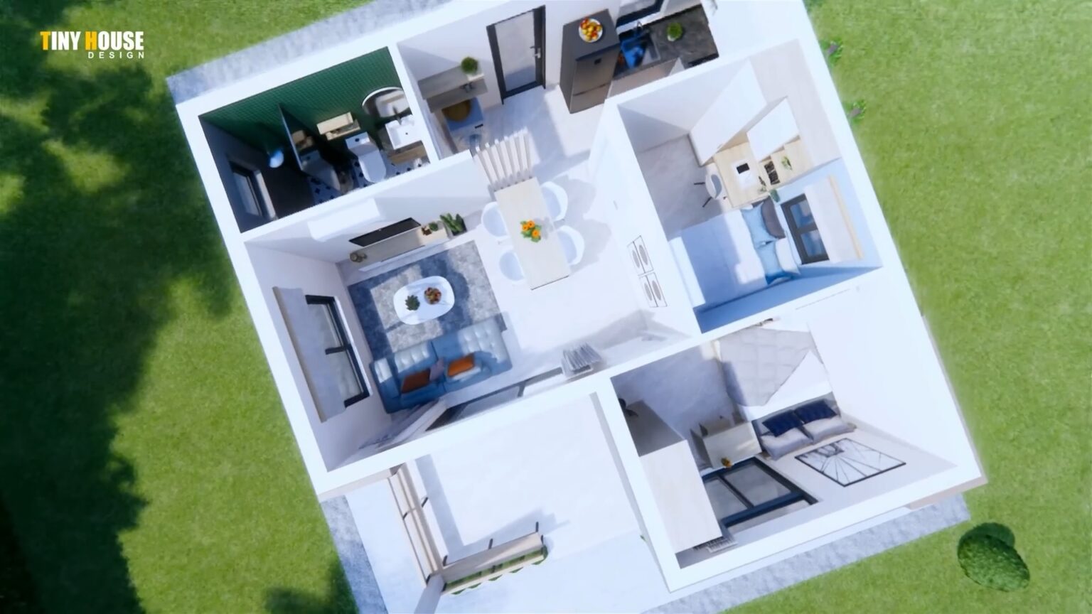 Beautiful Small House 7 x7 m House Design 2 Bedrooms - House Plans 3D