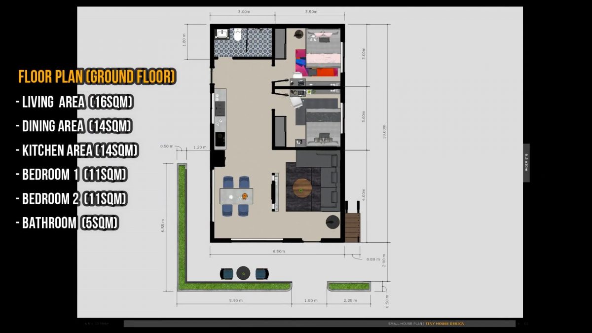 House Design 6.5x10 m with 2 bedrooms (65sqm)
