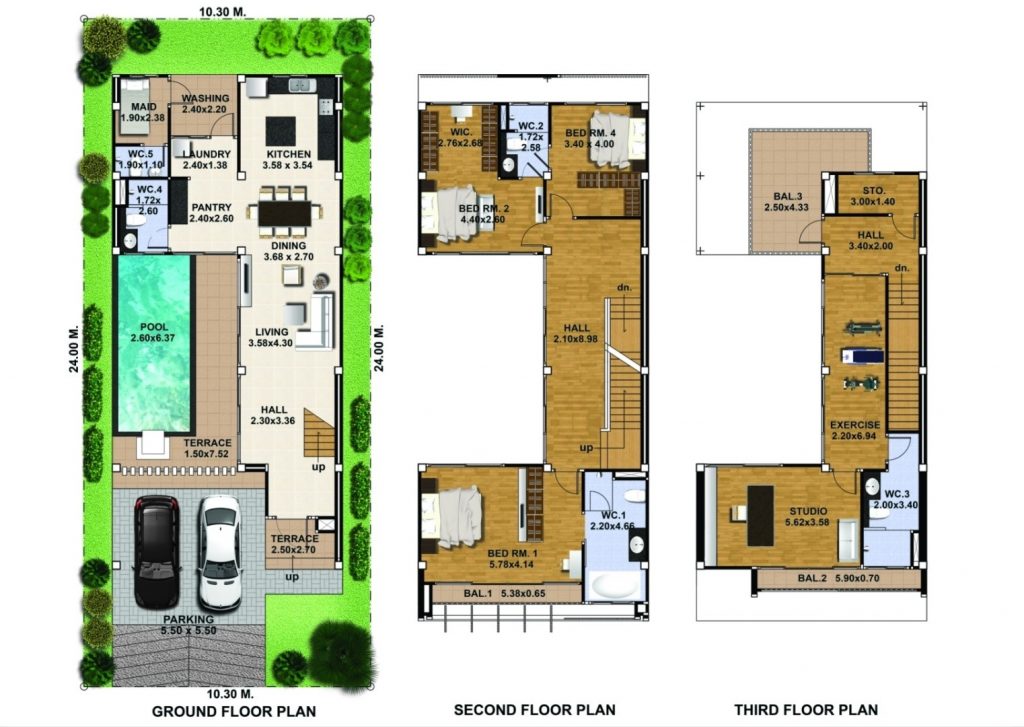 House Design Plot  11x24 Meter 3 Beds 4 Baths