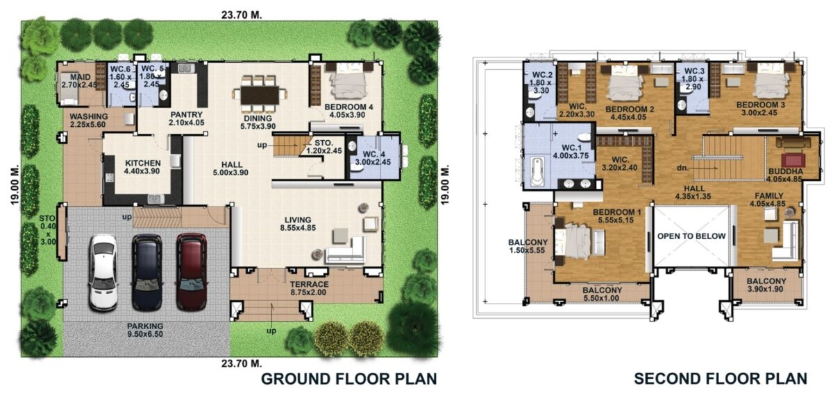 House Design Plot 23x19 Meter 4 Beds 6 Baths House Plans 3D
