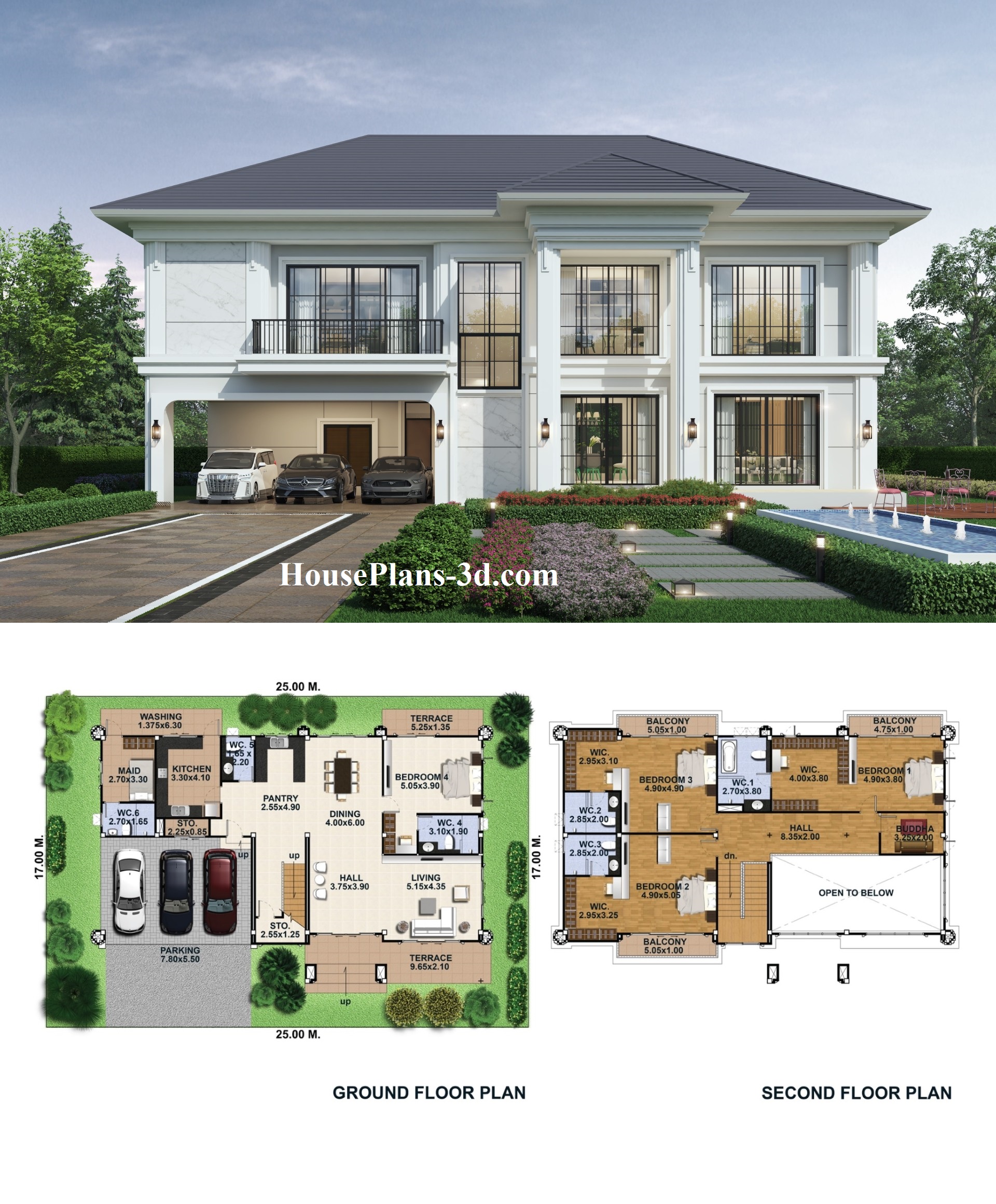 House Design Plot 25x17 Meter 4 Beds 6 Baths - House Plans 3D