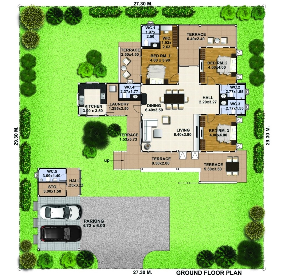 House Design Plot 27x29 Meter 4 Beds 5 Baths - House Plans 3D