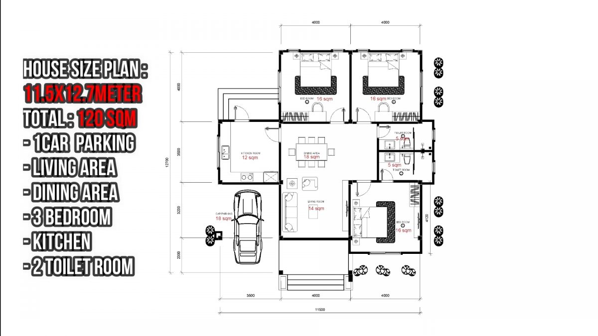 HOUSE DESIGN 11.5x12.7 Meter (120SQM) 3 BEDROOM
