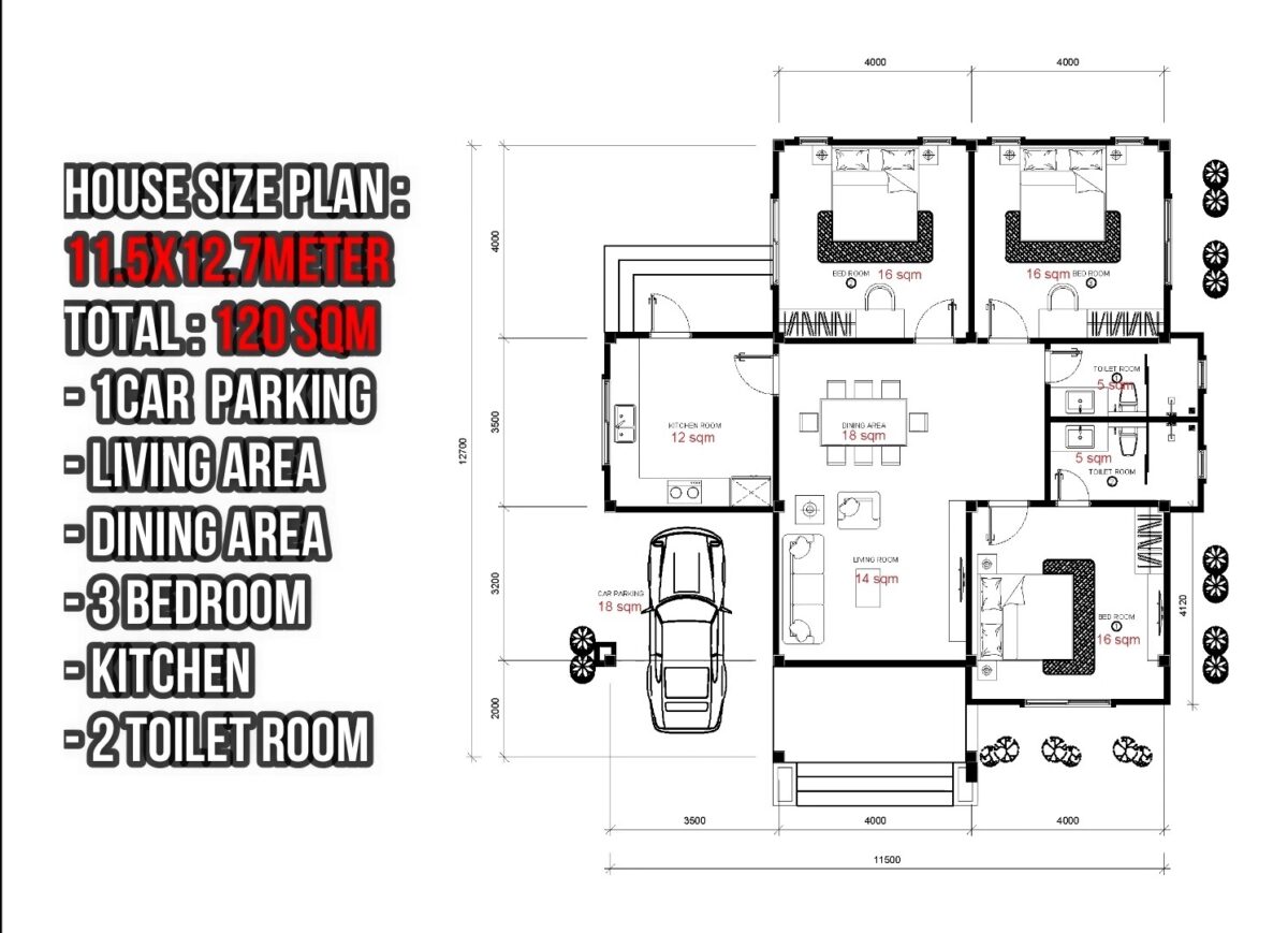 HOUSE DESIGN 11.5x12.7 Meter (120SQM) 3 BEDROOM