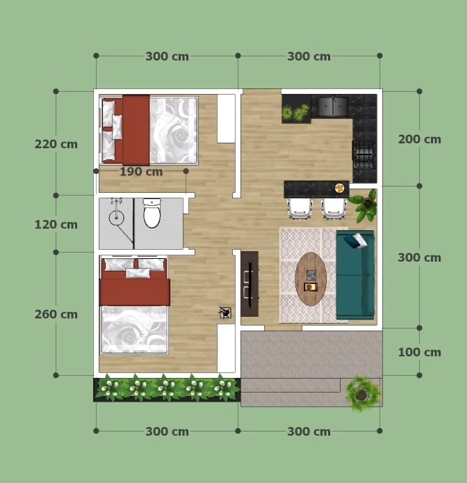 20x20 Small Home Floor Plans 6x6 Meter 2 Bed 1 bath