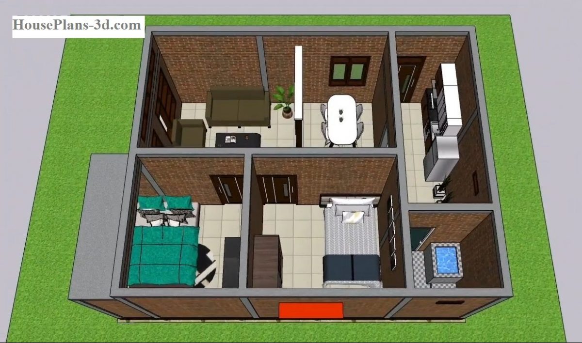 20x26 Tiny House Plan 6x8M with 2 Beds 1 Bath 3d1