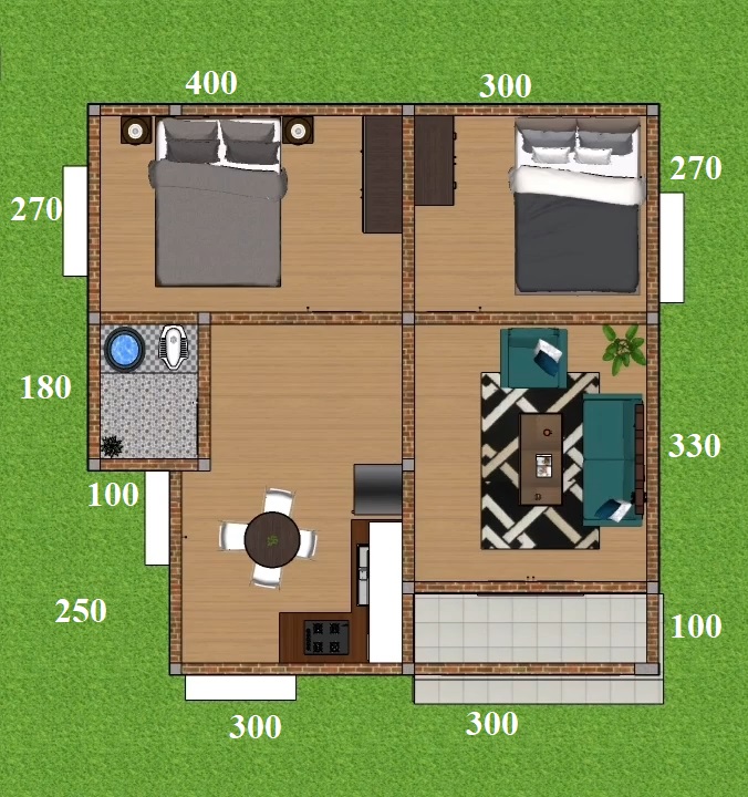 23x23 Simple House Plans 7x7M 2 Beds 1 Bath layout