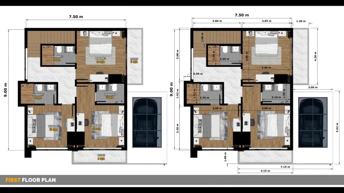 25X30 House Plans 3d 7.5x9 Meter with Swimming Pool 4 Bed 4 Bath