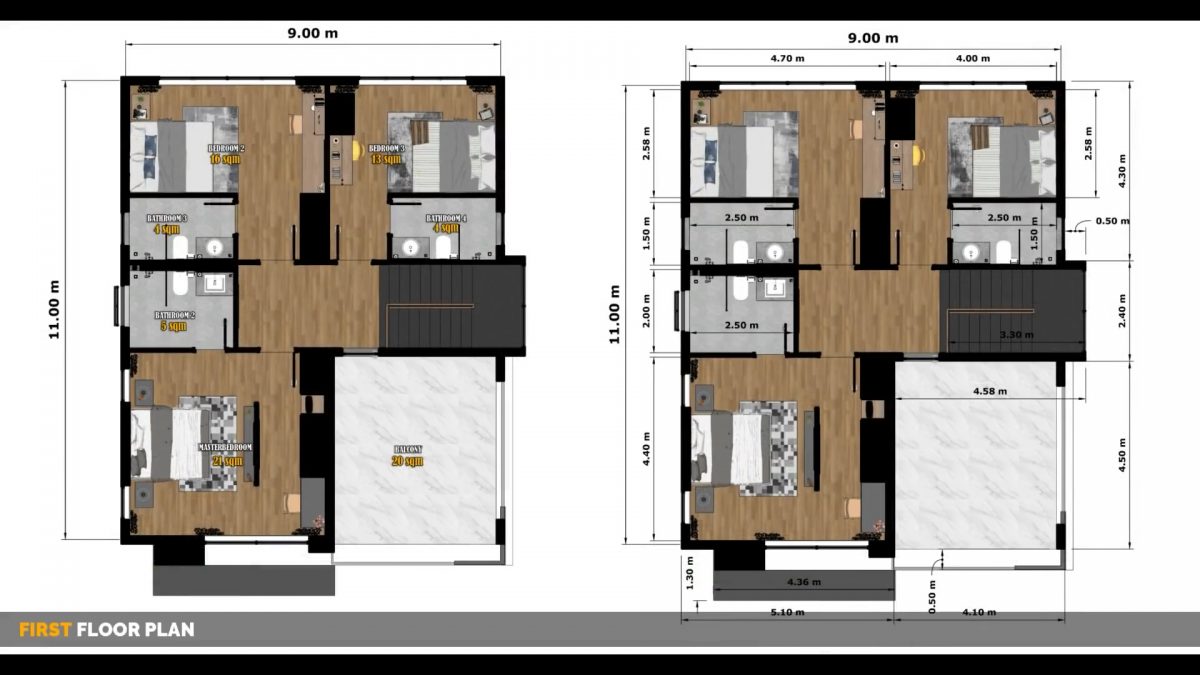 30x36 House Plans 3d 9x11 Meter 4 Beds 4 Baths