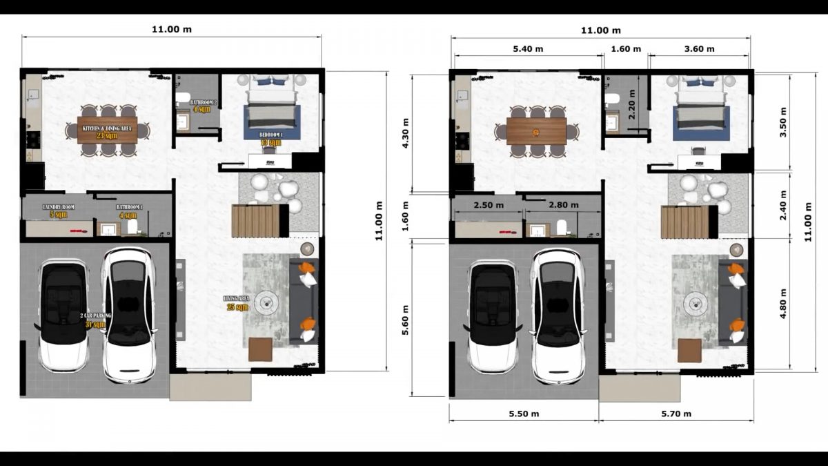 36x36 House Design Plan 11x11 M 4 Beds 5 Baths