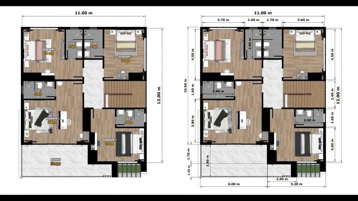 36x39 House Design Plan11x12 M 5 Beds 6 Baths