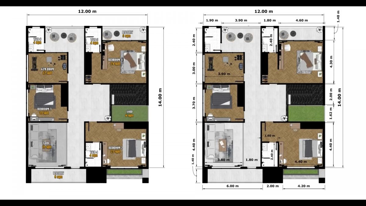 39x46 House Design Plans 12x14 Meter 4 Beds 6 Baths
