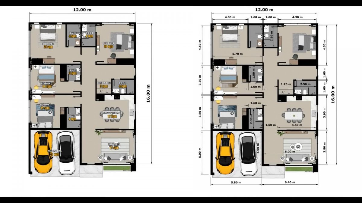 39x53 House Design 3d 12x16 Meter Simple House 4 Bedrooms 5 Bathrooms