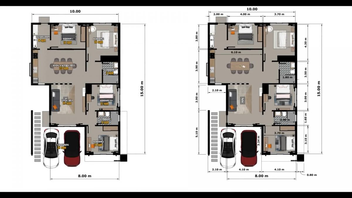Home Design 3D 33x49 Feet House Plan 8x15 Meter 4 Beds 2 Baths
