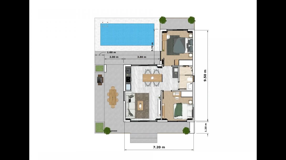 House Design 24x31 Feet Home Design 7.2x9.5 M 2 Bed 1 Bath with Swimming pool