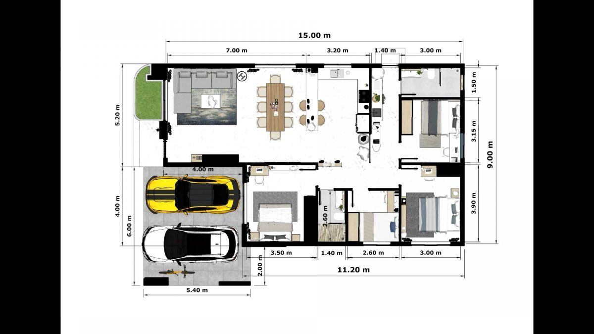 House Design Drawing 30x49 Feet Home Design 9x15 M 4 Beds 2 Bath