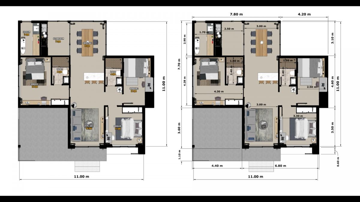 House Plan Drawing 36x36 Feet House Plan 11x11 Meter 3 Beds 3 Beds