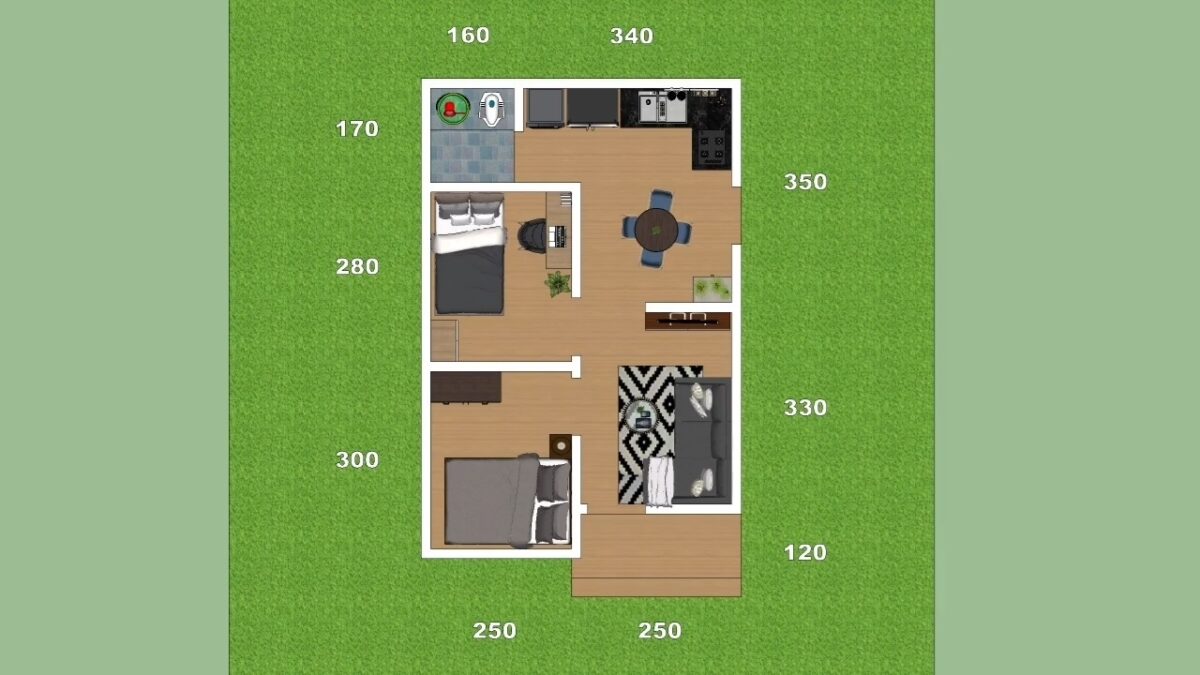 Small House Design 5x7 Meter Simple Plan 17x23 Feet 2 Bed 1 bath 35sqm Full detailing plan