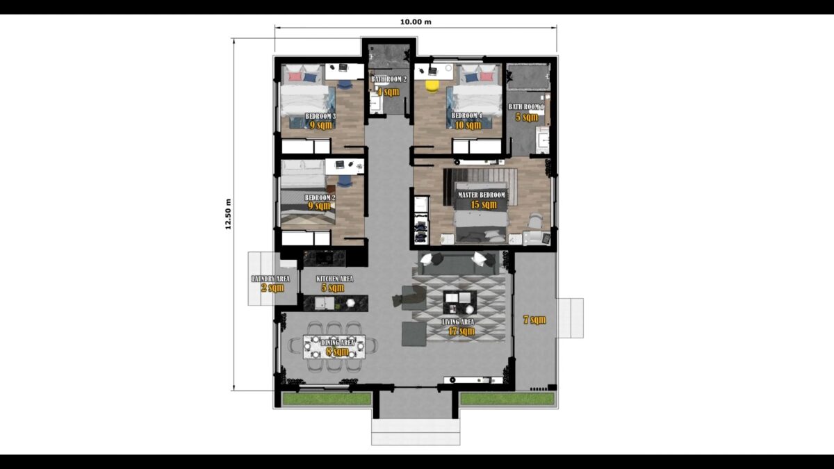 House Design 10x12.5 Meter Home Plan 33x41 Feet 4 Bedroom 2 Bath Hip Roof - Image 3