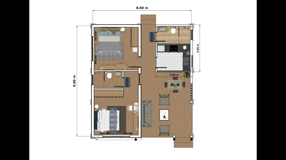 House Design Plans 8x9 Meter 26x30 Feet 2 Bed 2 Bath Shed Roof layout