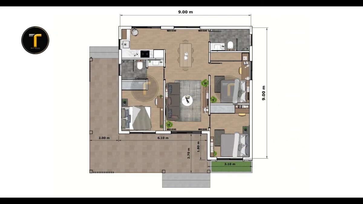 House Design Plans 9x9 Meter 30x30 Feet 3 Bed 2 Bath Gable Roof PDF Plan