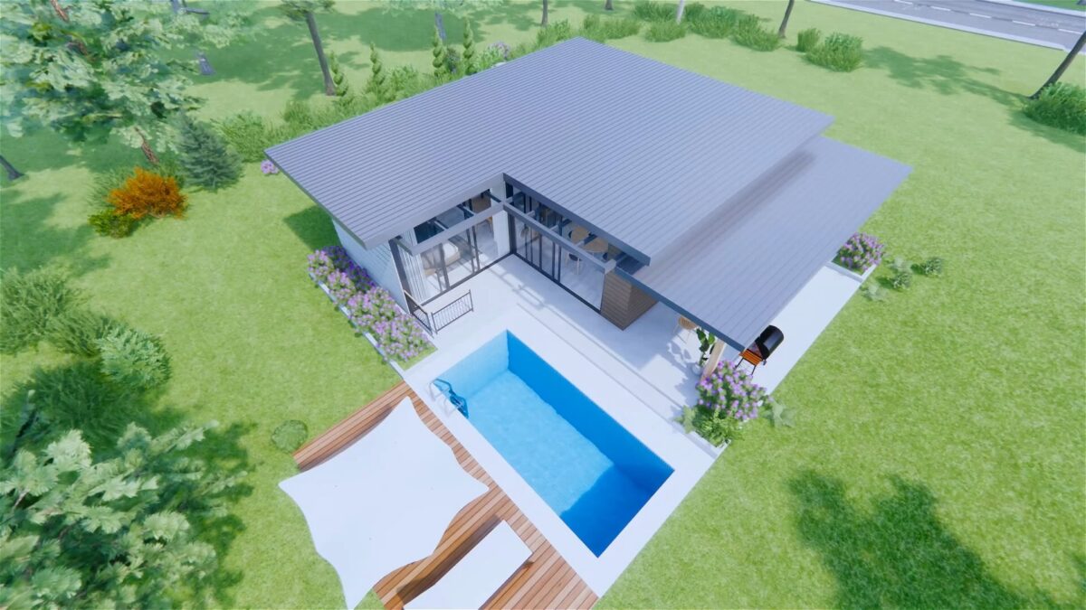 House Plans 3d 7x9 Meter 2 Bed 1 Bath with Swimming Pool