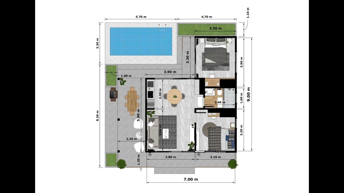 House Plans 3d 7x9 Meter 2 Bed 1 Bath with Swimming Pool PDF Full Plan