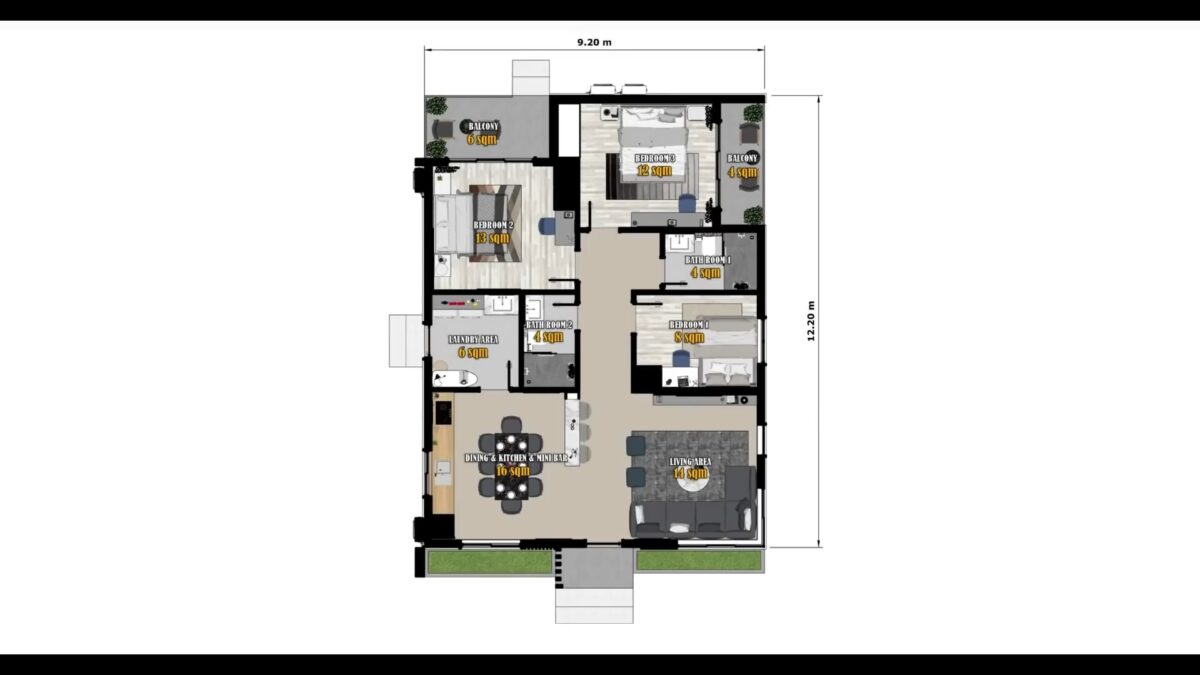 House Plans 3d 9×12 Meter 30×39 Feet 3 Bed 2 Bath Shed Roof PDF Plan layout