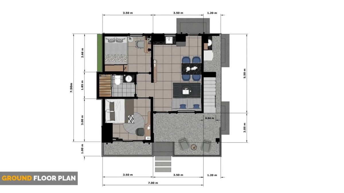 Small House Design 8x7.5 Meter 26x25 Feet 2 Bedroom 1 Bath DF Full Plan