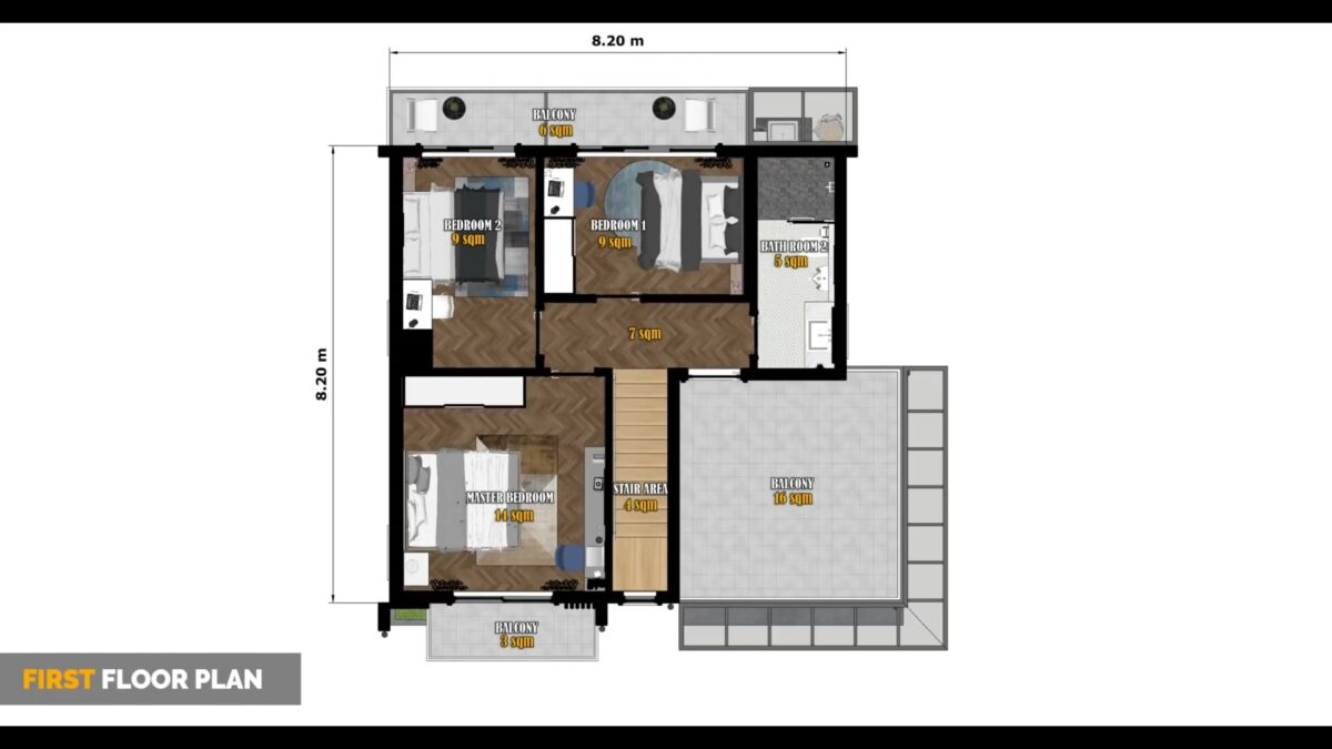 Small House Design 8x8 Meter 26x26 Feet 3 Bed 2 Bath Shed Roof PDF Plan ground