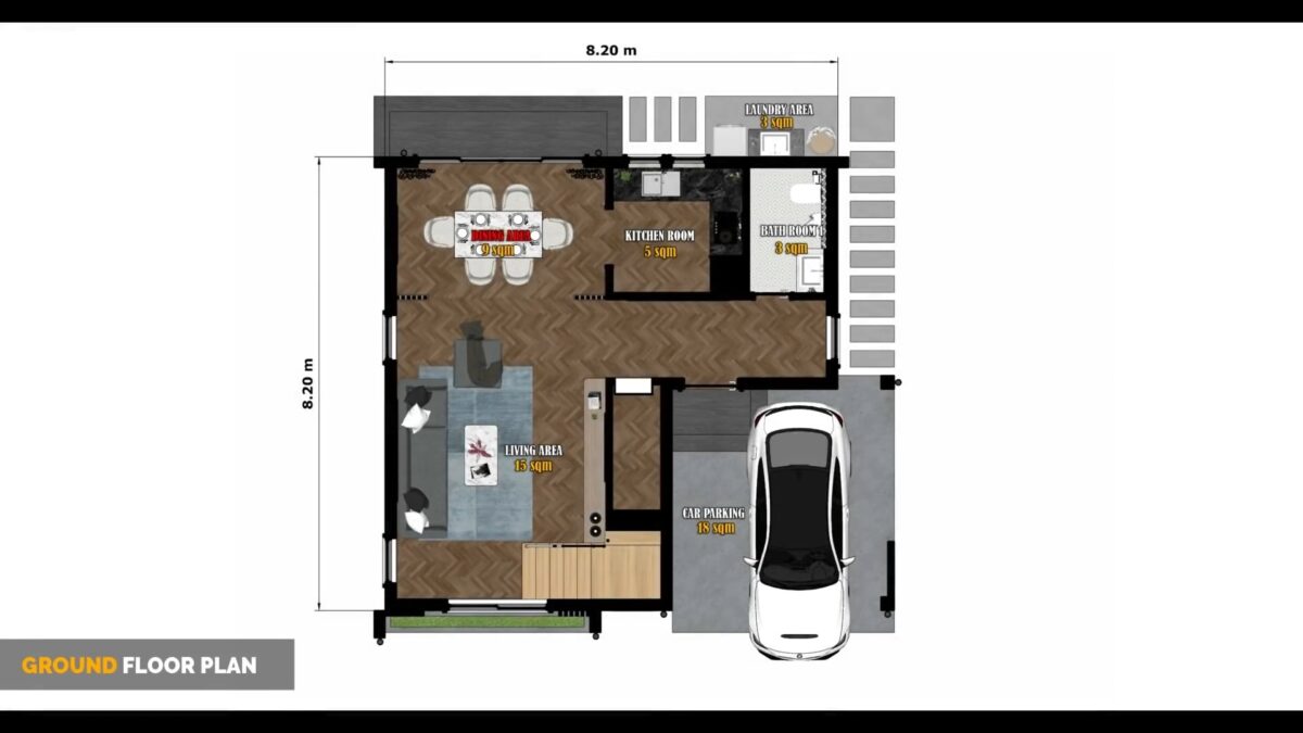 Small House Design 8x8 Meter 26x26 Feet 3 Bed 2 Bath Shed Roof PDF Plan ground