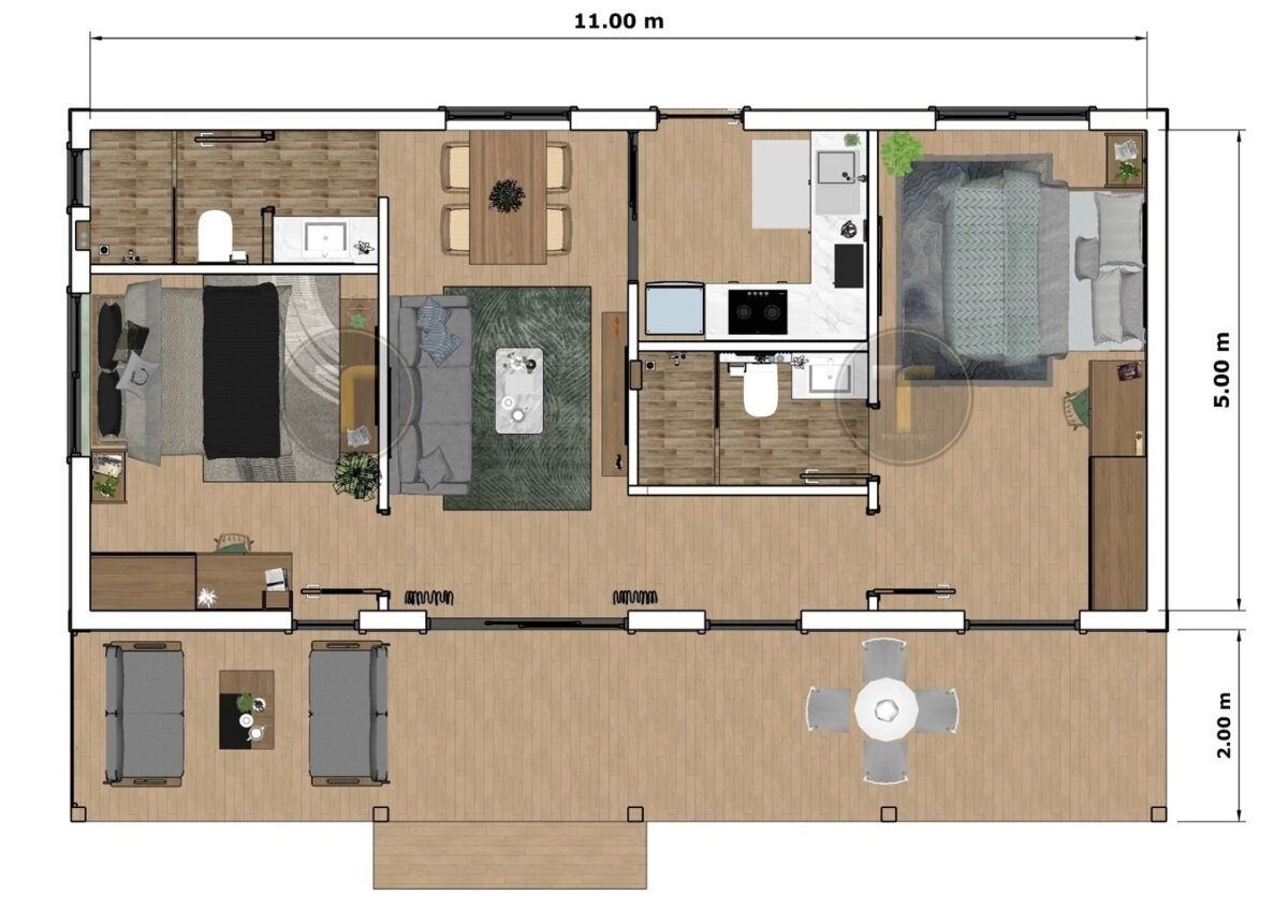 Small House Design 11x7 M with 2 Bedrooms 1 Bath layout