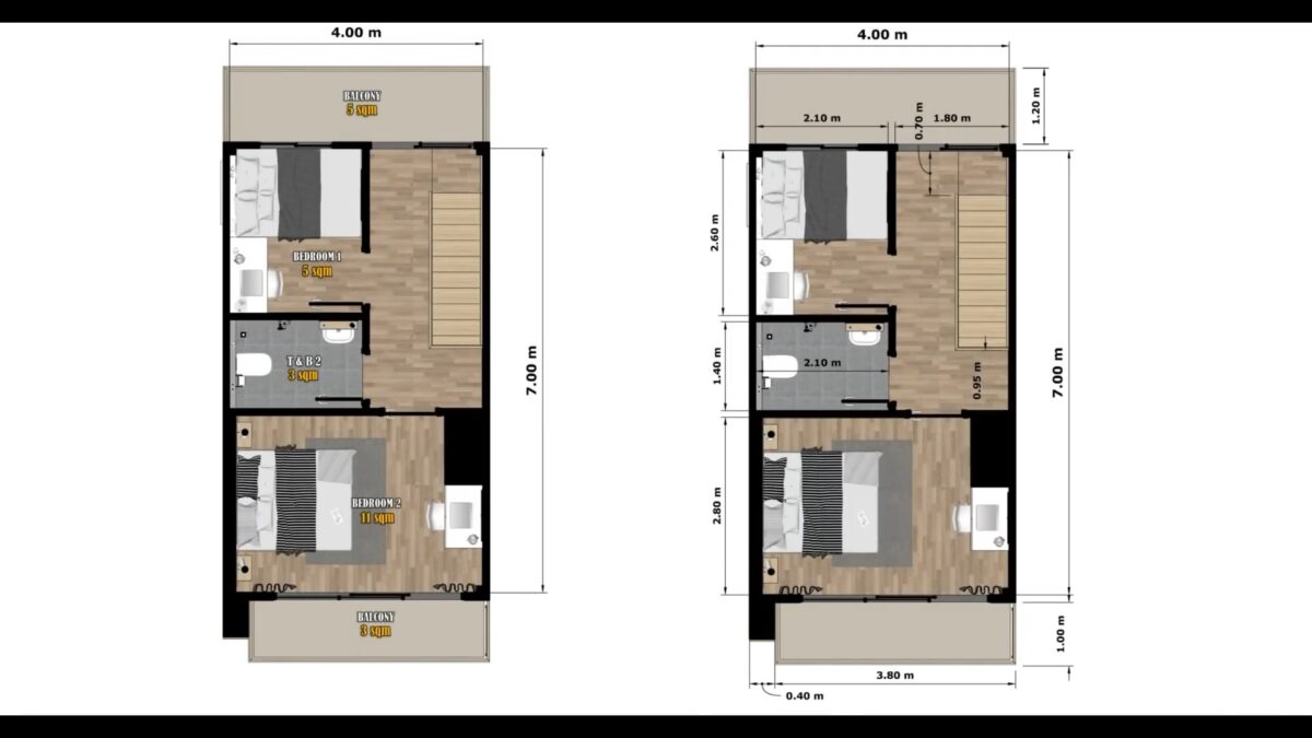 Small House Design 13×23 Feet Home Plan 4×7 M 2 Bed 2 Bath Shed roof PDF Full Plan