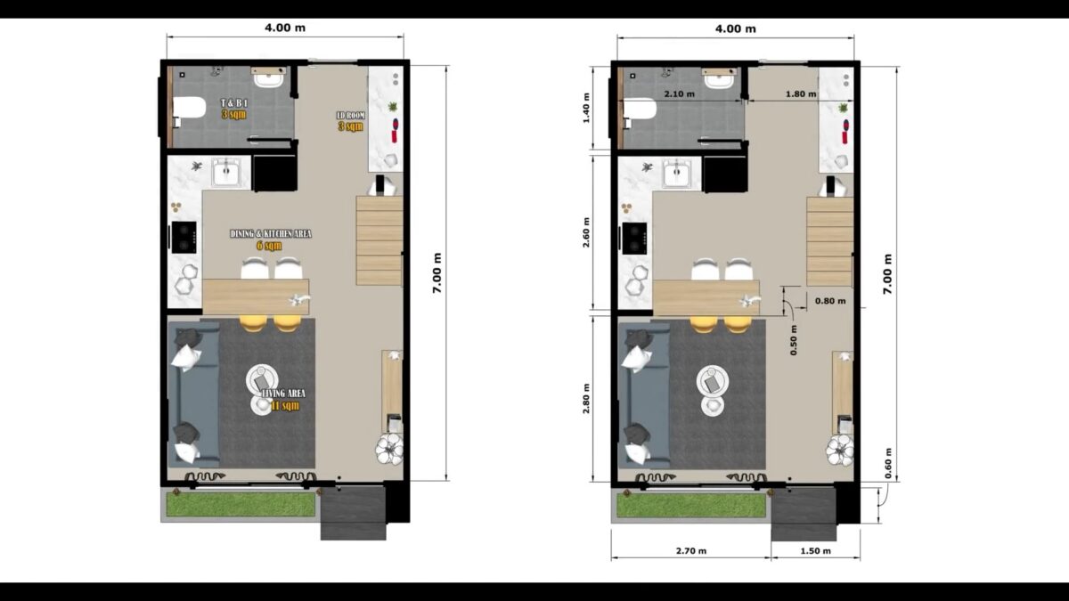 Small House Design 13×23 Feet Home Plan 4×7 M 2 Bed 2 Bath Shed roof PDF Full Plan