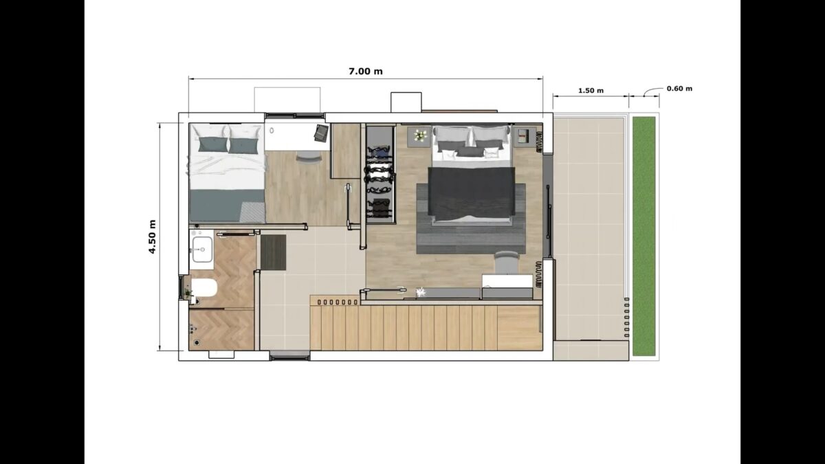 Small House Design 15×23 Feet Home Plan 4.5×7 M 2 Bed 2 Bath Shed roof PDF Full Plan