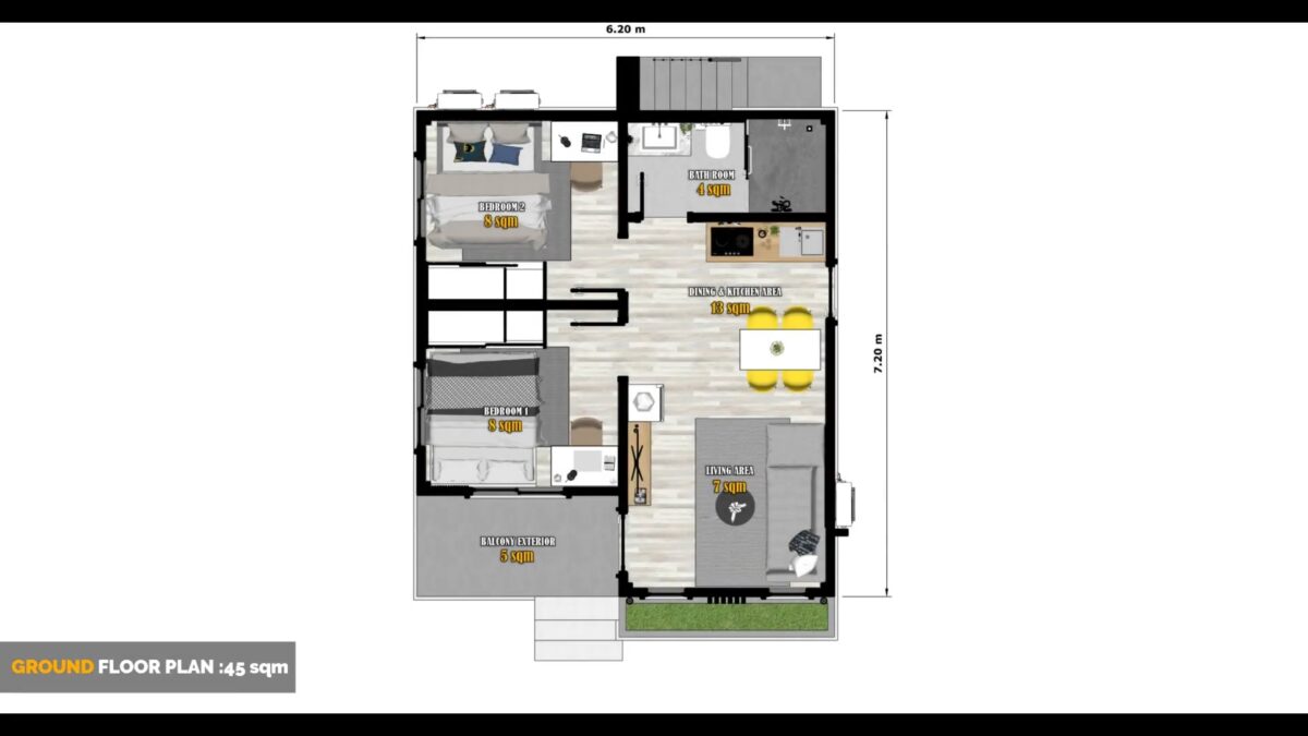 House Plans 3d 6x7 Meter Small House Design 20x23 Feet 2 Bed 1 Bath Shed With Terrace Roof