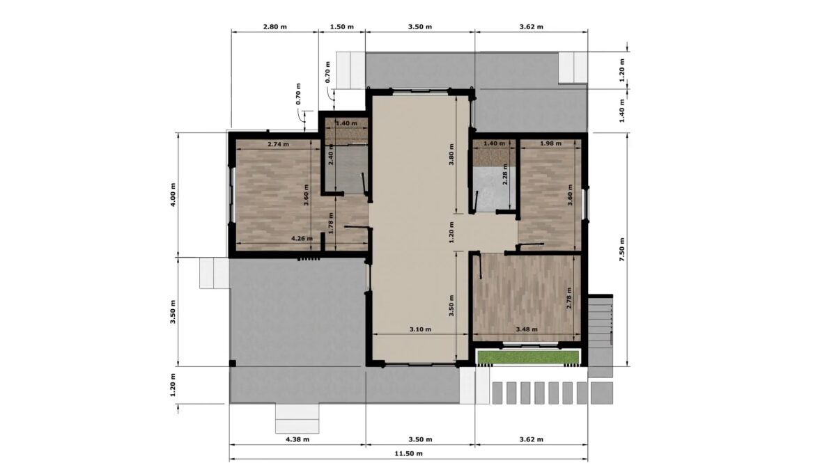 Small House Design 11.5x8.8 Meter 38x29 Feet 3 Bed 2 Bath Shed with Terrace