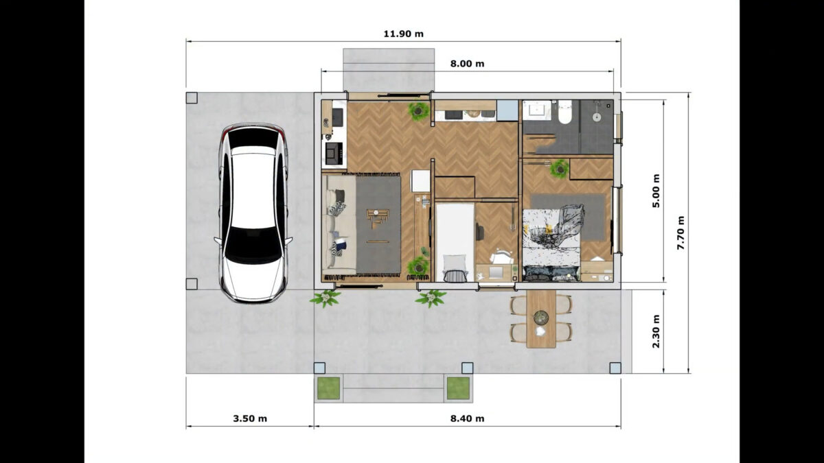 Small House Design 12x7.5 Meter House Plans 39x25 Feet 2 Bed 1 Bath Shed Roof Full PDF Plans