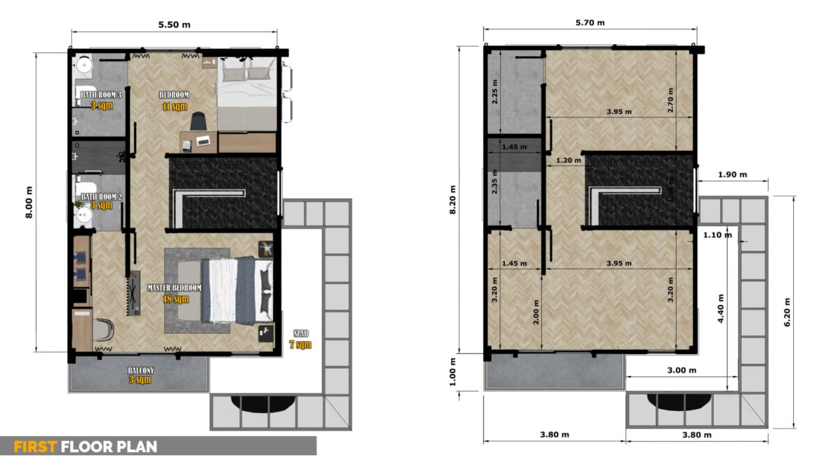 Small House Design 5.5x8 Meter House Plans 18x26 Feet 2 Beds 3 Baths Flat Roof PDF Full Plan