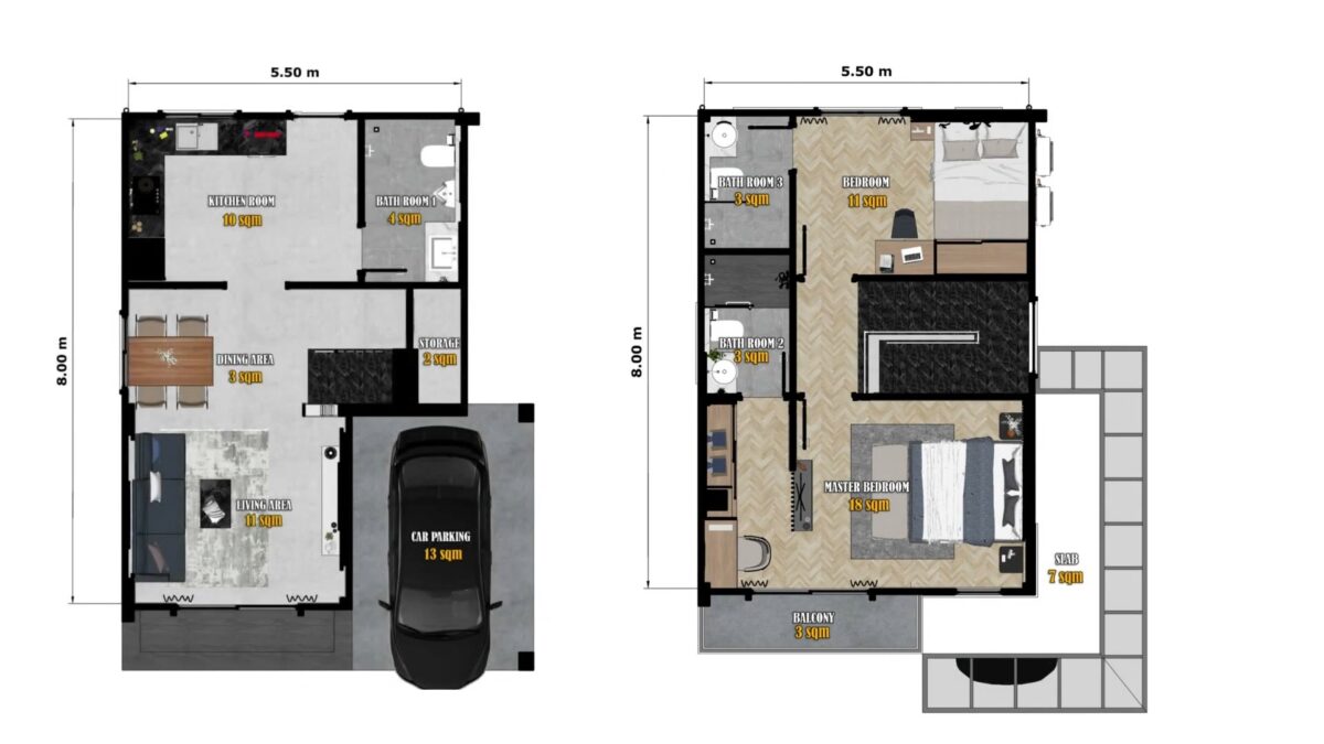 Small House Design 5.5x8 Meter House Plans 18x26 Feet 2 Beds 3 Baths PDF Plan 1