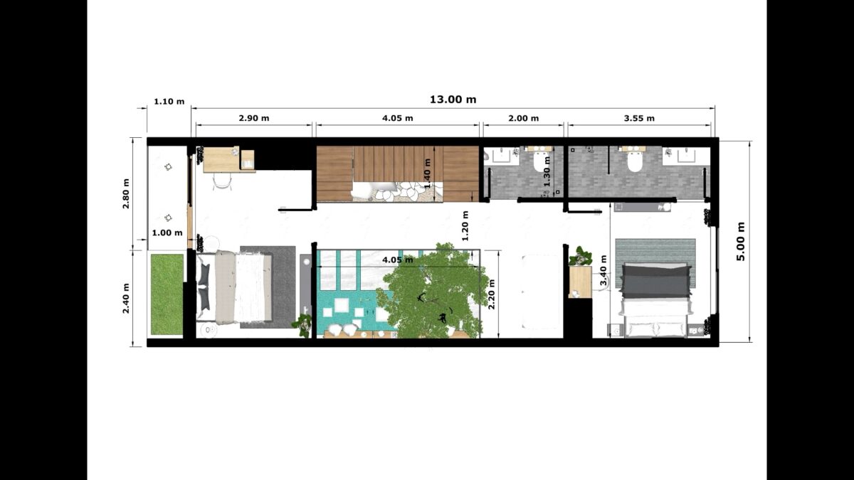 Small House Design 5x15 Meter House Plans 17x49 Feet 2 Bed 3 Bath Flat Roof PDF Plan first