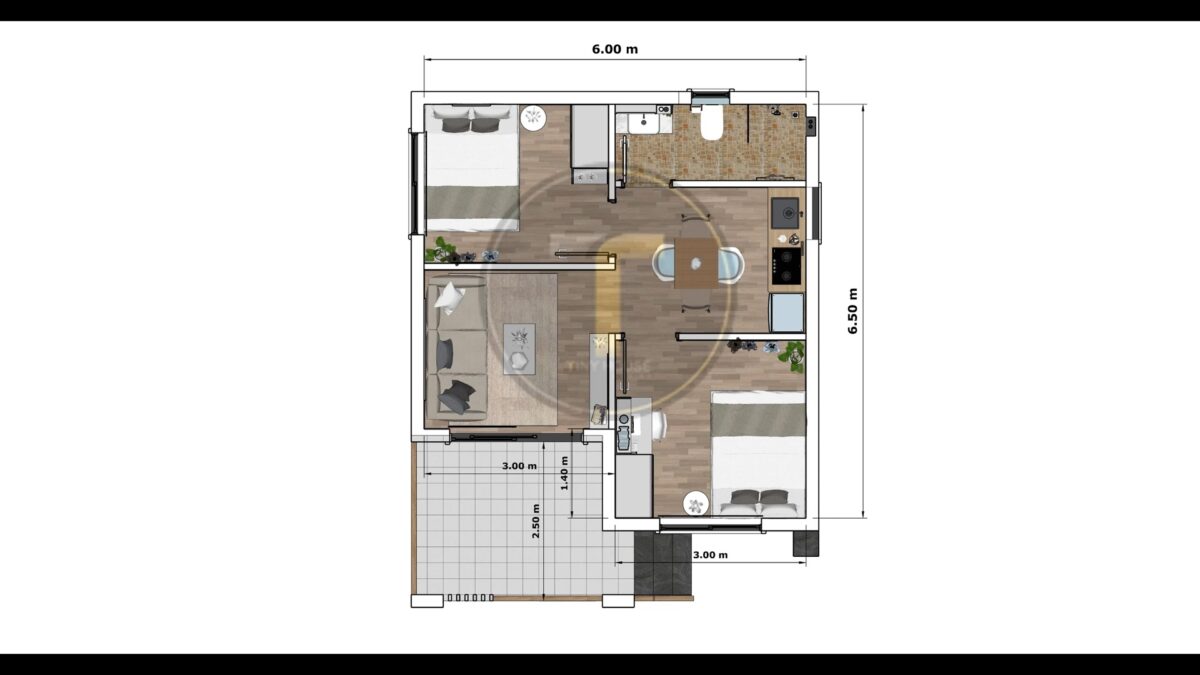 Small House Design 6x6.5 Meter House Plans 20x22 Feet 2 Bed 1 Bath Shed Roof PDF Plan layout