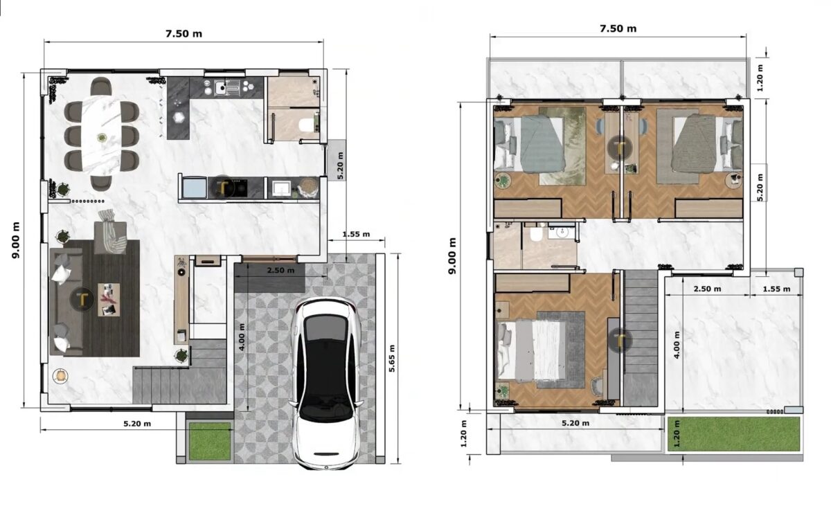 Small House Design 7.5x9 Meter House Plan 25x30 Feet 3 Bed 2 Bath - Image 13