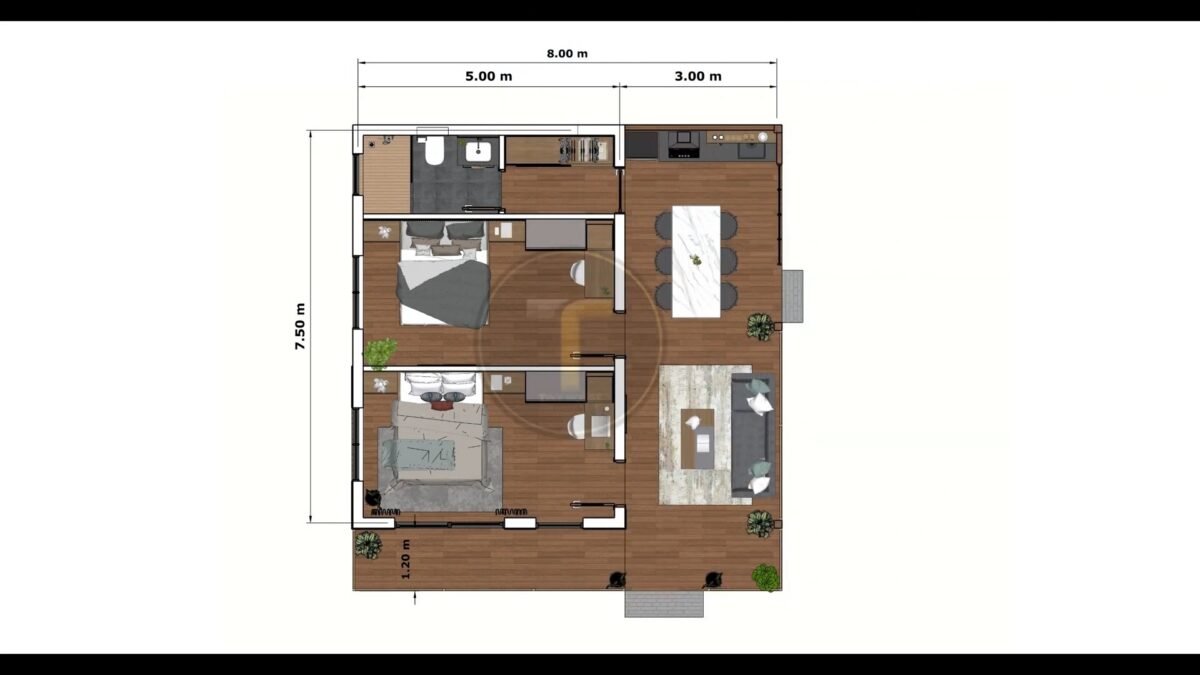 Small House Design 8x7.5 Meter House Plans 26x25 Feet 2 Bed 1 Bath Shed Roof PDF Plan layout