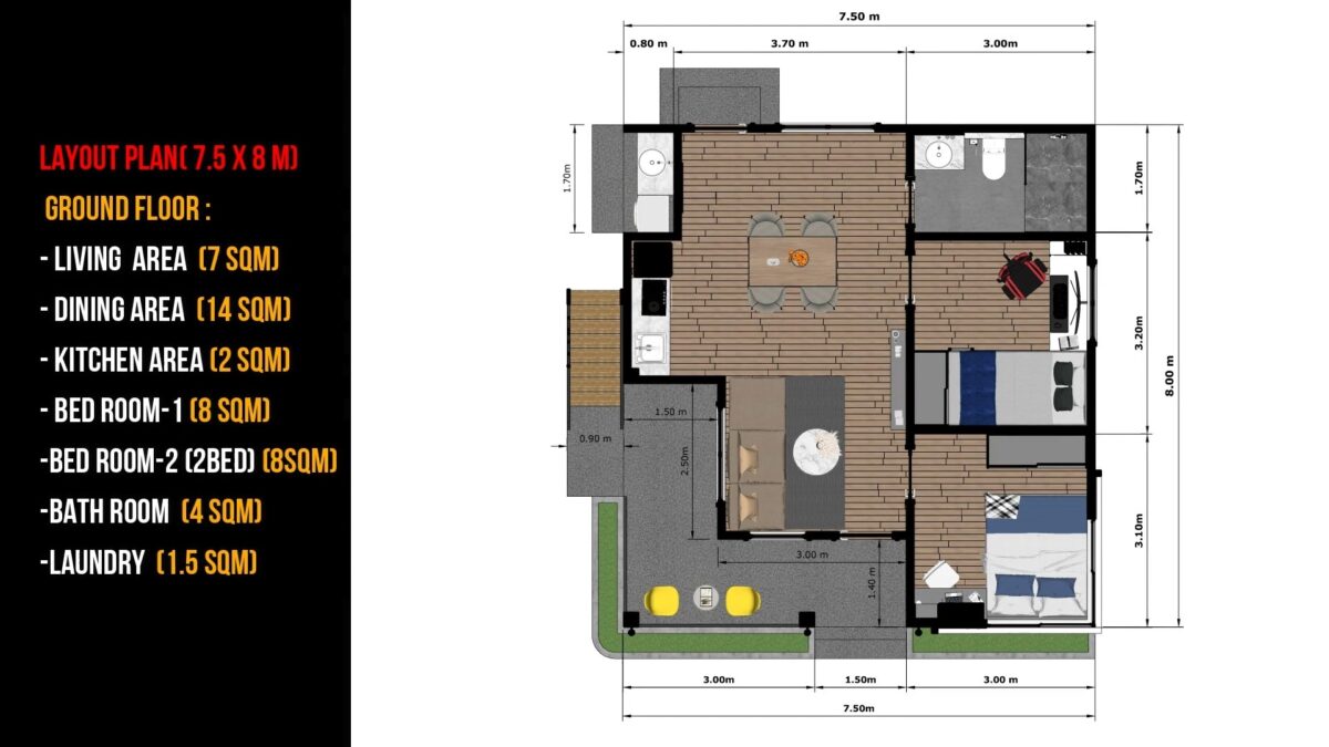 Small House Plan 7.5x8 Meter House Design 25x26 Feet 2 Bed 1 Bath Shed Roof PDF Plan layout