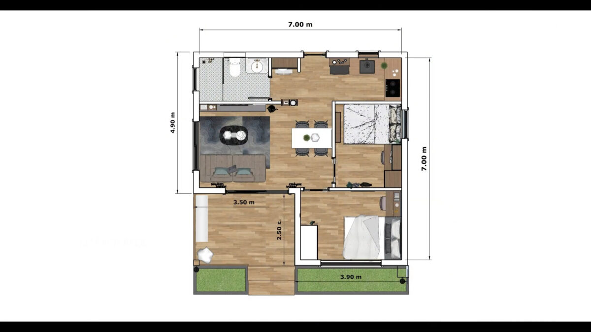 Small House Plan 7x7 Meter House Design 23x23 Feet 2 Bed 1 Bath Shed Roof PDF Plan